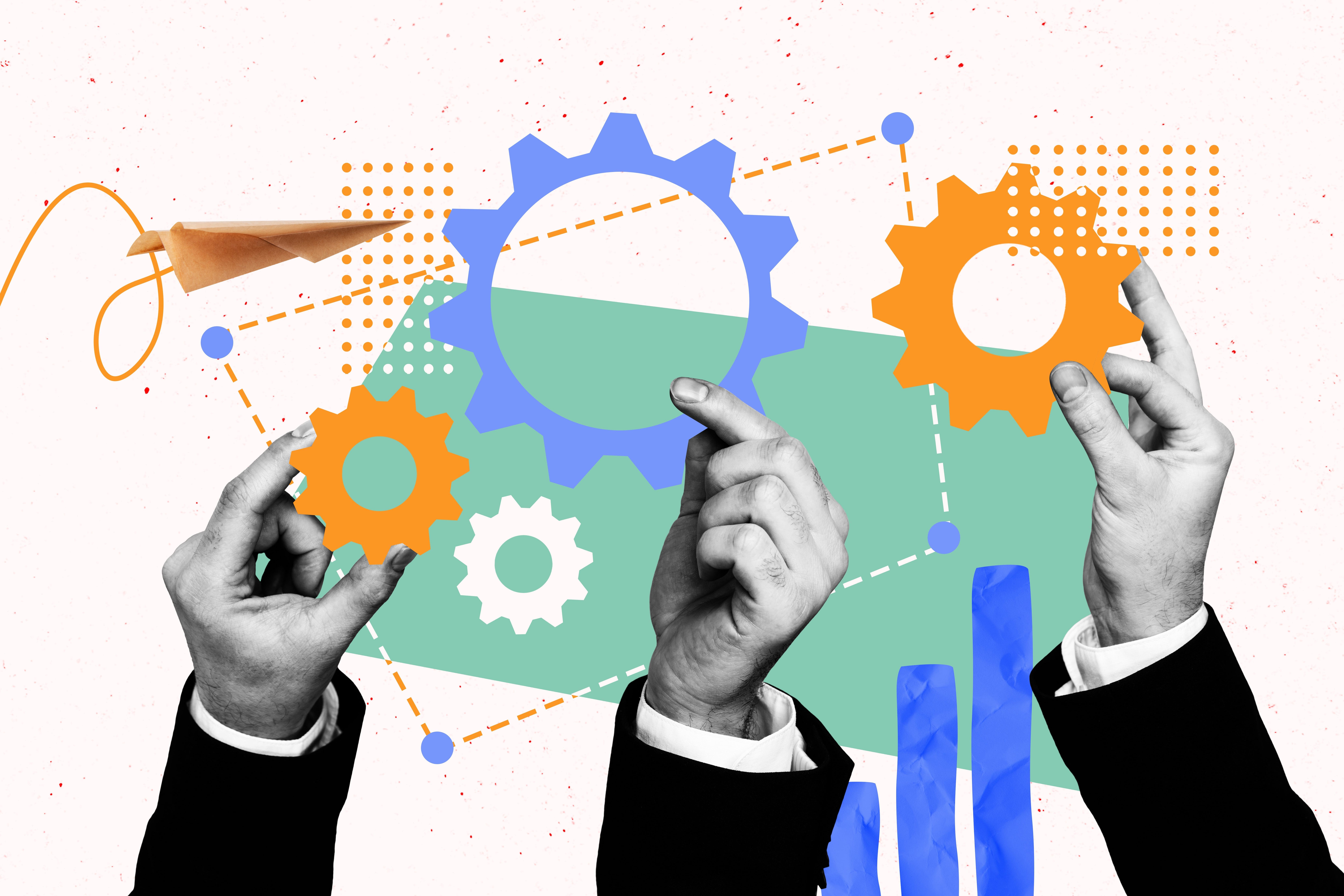 Creative collage picture hands body fragment sleeve cogwheel organization configure setting business efficiency process management Work Smarter, Not Harder: How AI & Automation Cut Costs and Boost Productivity