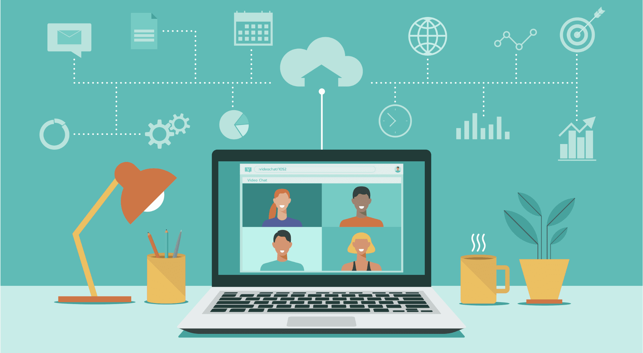 FY25 (04_24) WHIM Blog & Social Assets – How WHIM’s Remote-First Workplace graphic of people meeting online