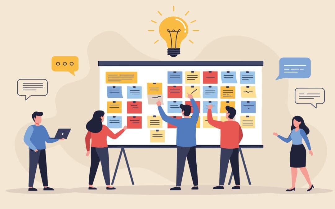 Team brainstorming with sticky notes