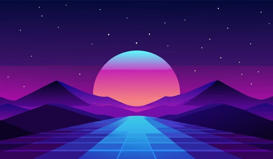 Futuristic landscape with vibrant sunset