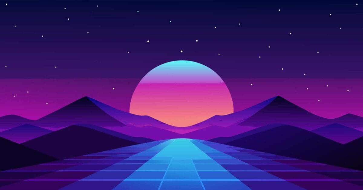 Abstract flowing gradient background with deep violet and royal blue hues creating a luminous and ethereal atmosphere perfect for modern design Futuristic landscape with vibrant sunset