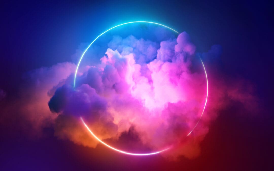 3d render, colorful neon ring glowing inside the stormy cloud