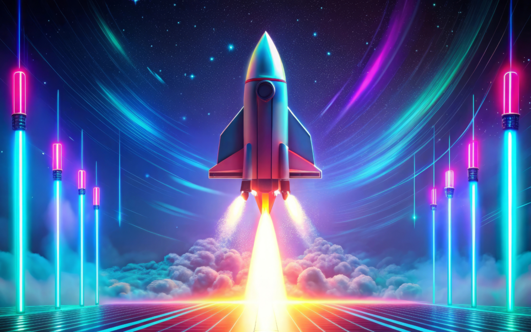 Rocket launching into a colorful sky