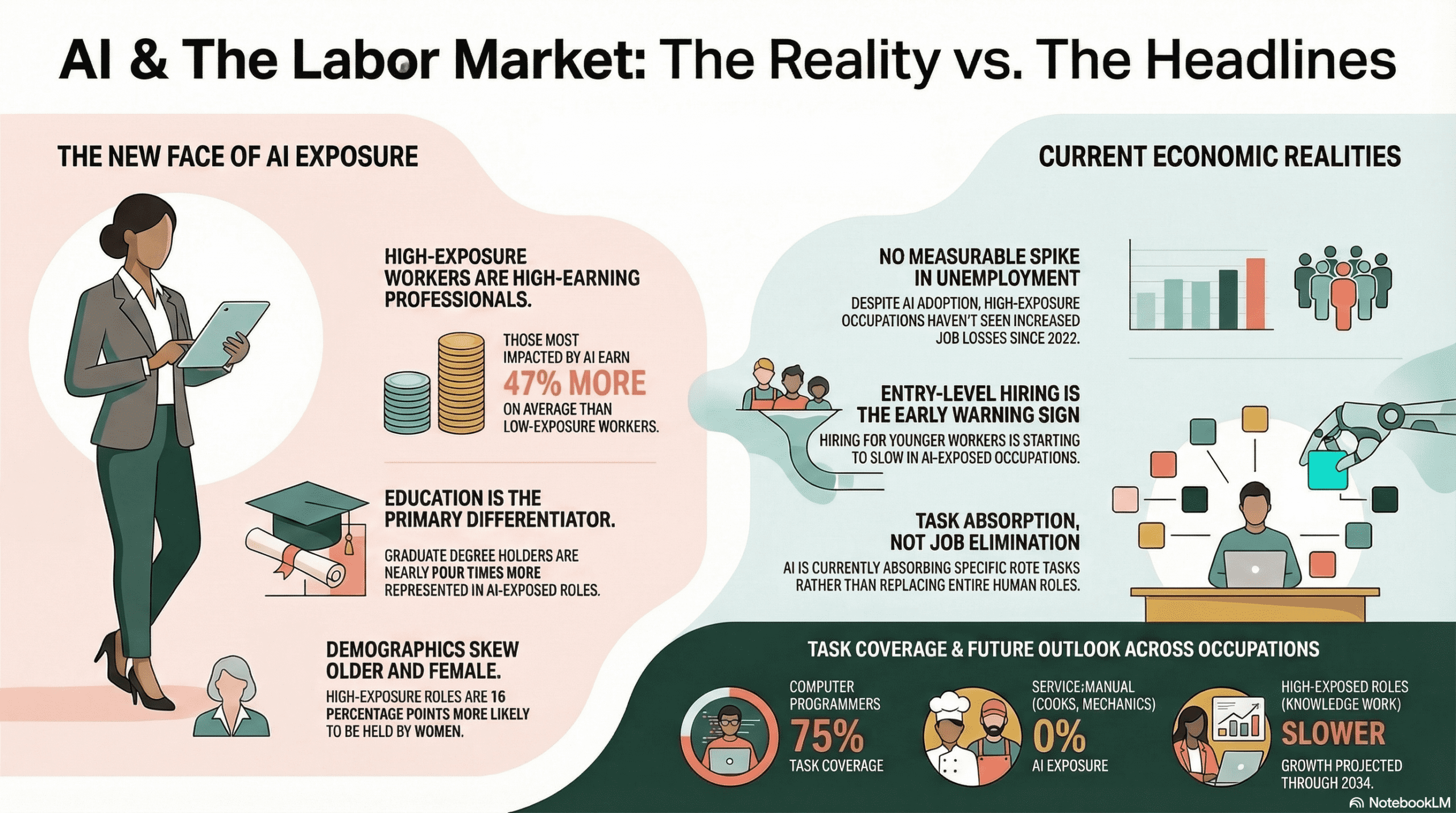 An Infographic that highlights the core data points from the Anthropic study, including:
The concept of "observed exposure" as a grounded way to measure how AI is actually being used in real tasks.

The breakdown of task coverage, showing that while programmers see 75% coverage, about 30% of workers (like cooks and mechanics) have zero exposure.

The demographic shift, pointing out that high-exposure roles are more likely to be held by female, more educated, and higher-paid workers.

Early indicators of a hiring slowdown for younger workers in AI-exposed fields and the Bureau of Labor Statistics' projection for slower growth through 2034.