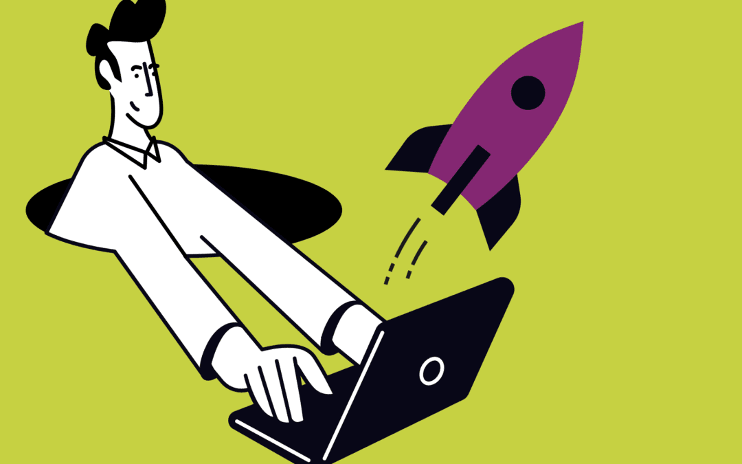 Illustration of a person with a laptop with a rocket blasting out of it