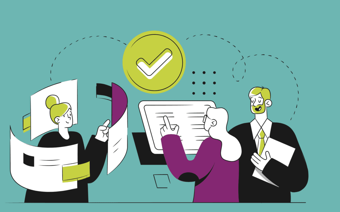 Illustration of office workers reviewing documents